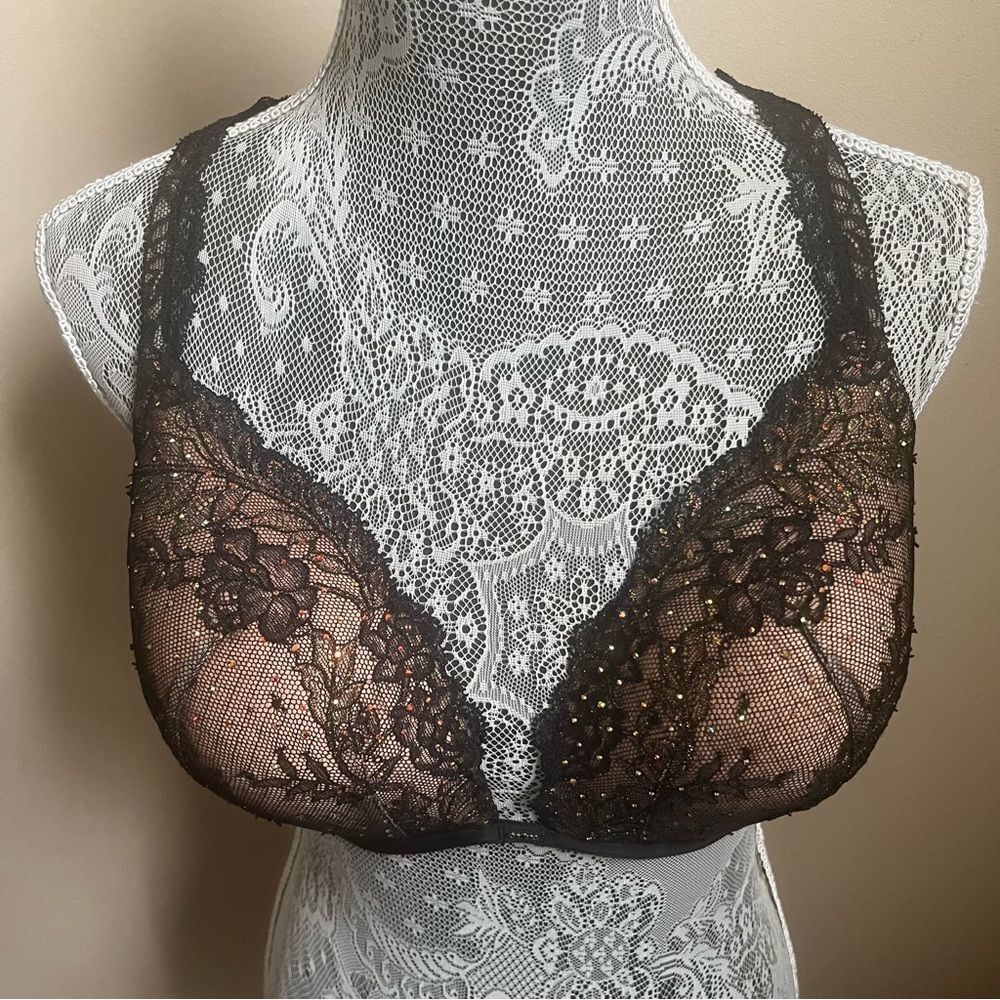 Victoria's Secret Push-Up Bra Sequins Lace Black Sz 38DD